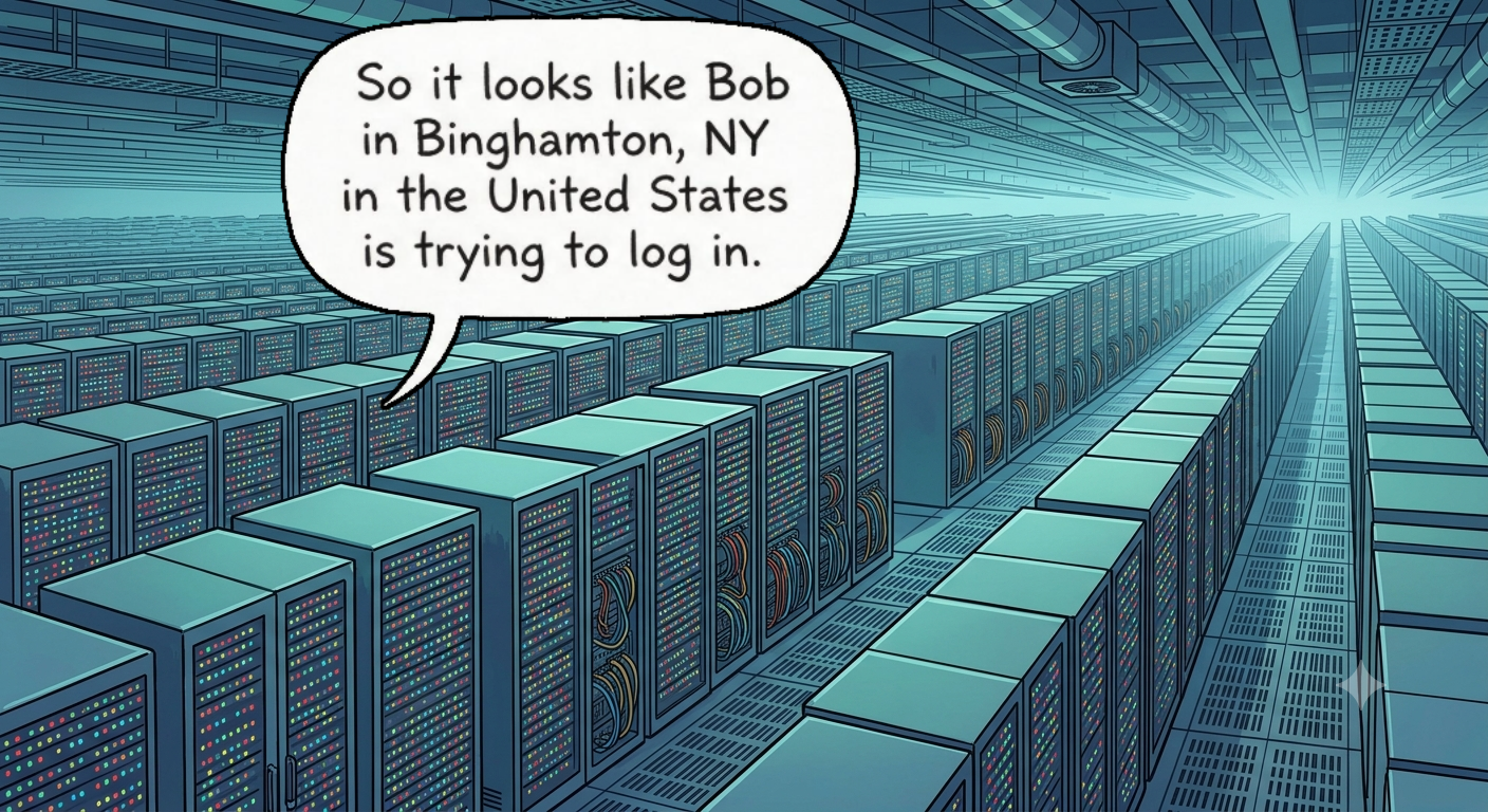 A server farm with one of the servers authenticating a user from miles away
